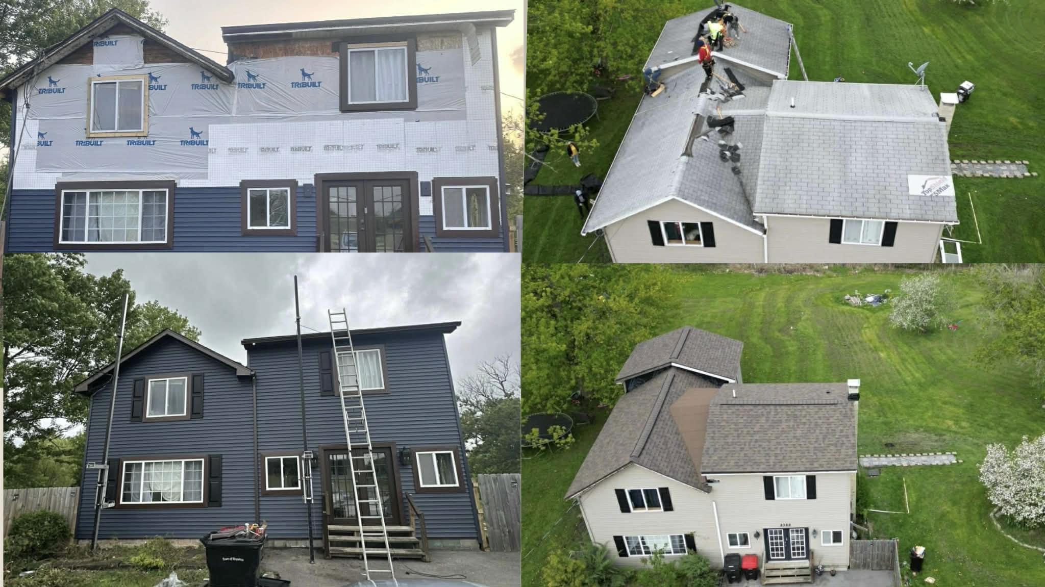 Four images showing exterior home renovations including siding installation and roofing work in progress and completed.