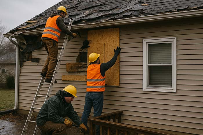 Emergency remodeling team repairing storm-damaged home exterior.