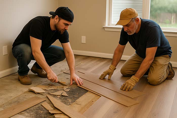 Contractors replace damaged flooring during an emergency repair.